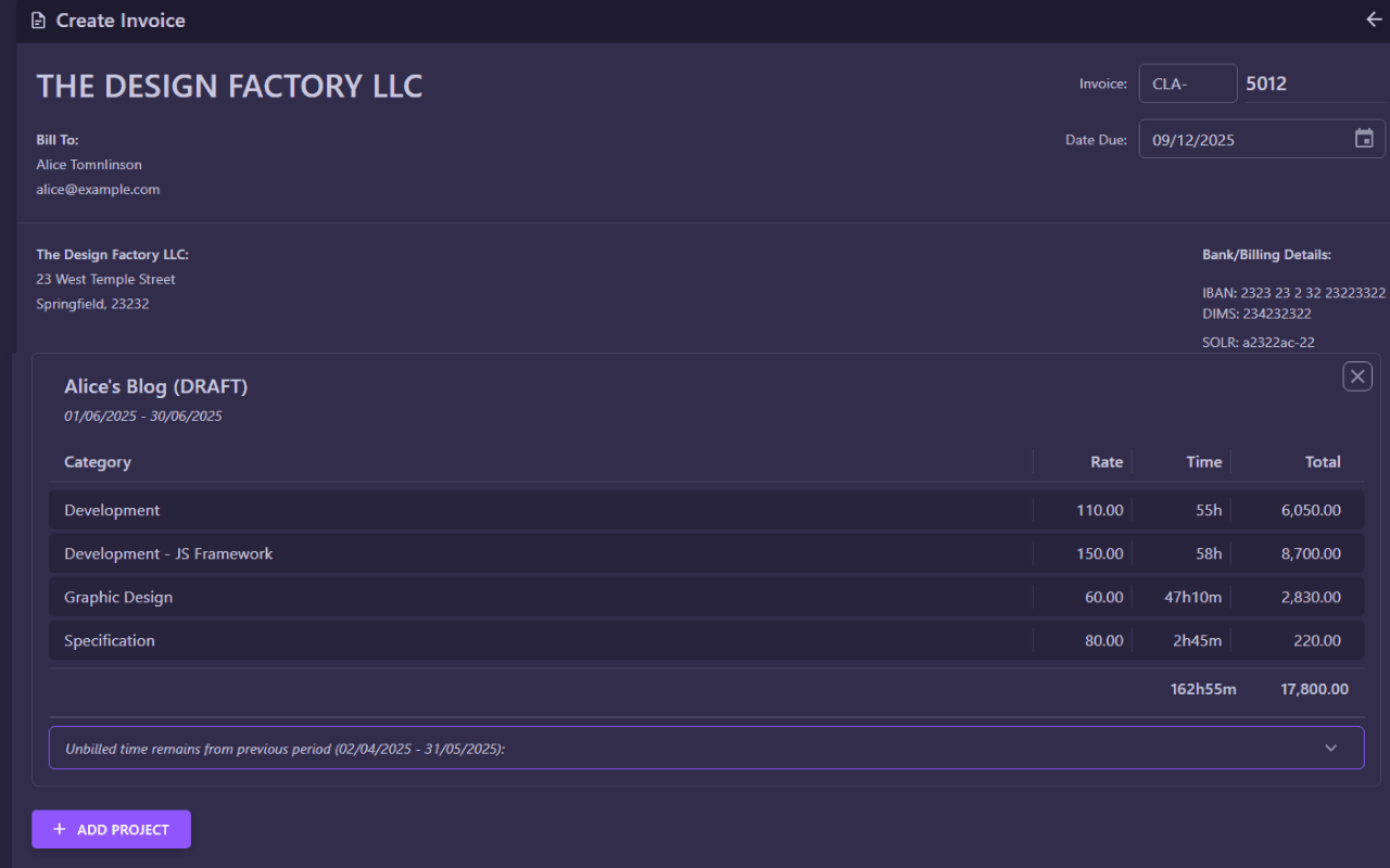 Invoice assembled from logged time entries
