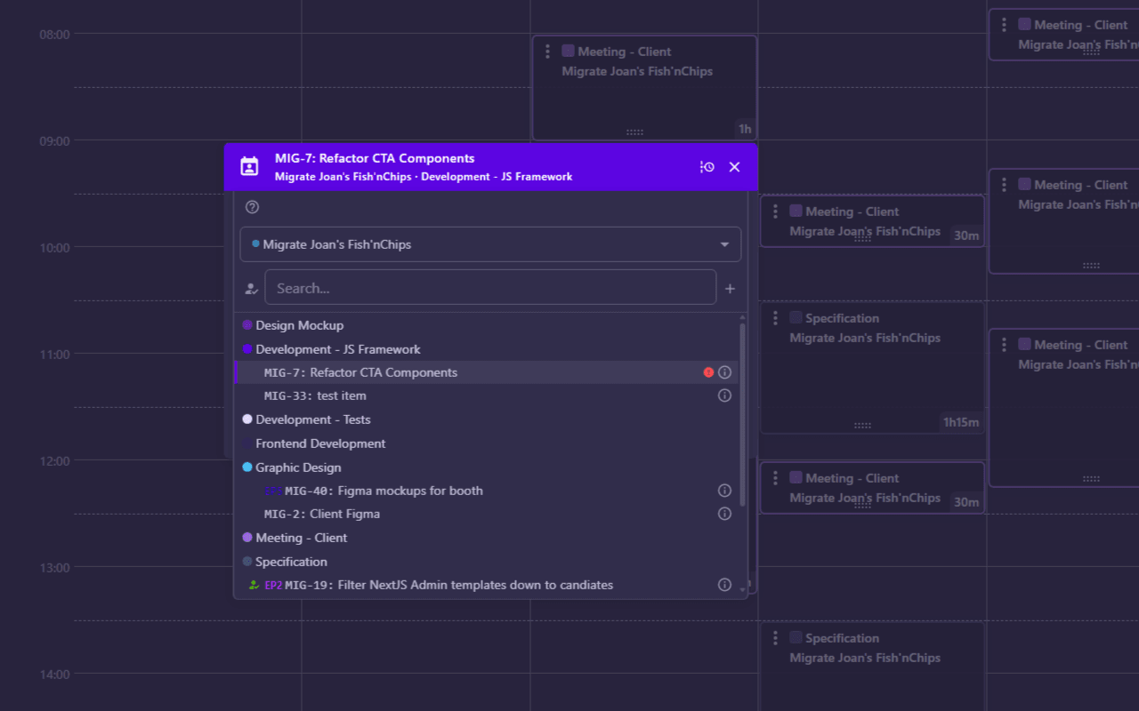Time entry — logging against a task on the calendar