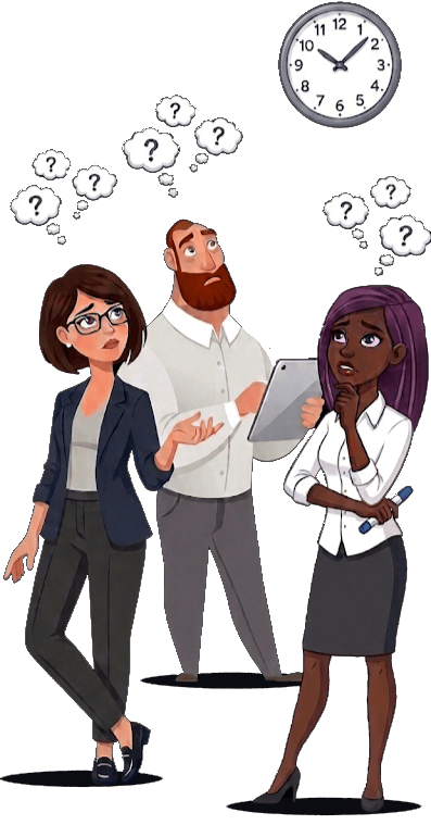 Team at a clock, wondering where the hours went