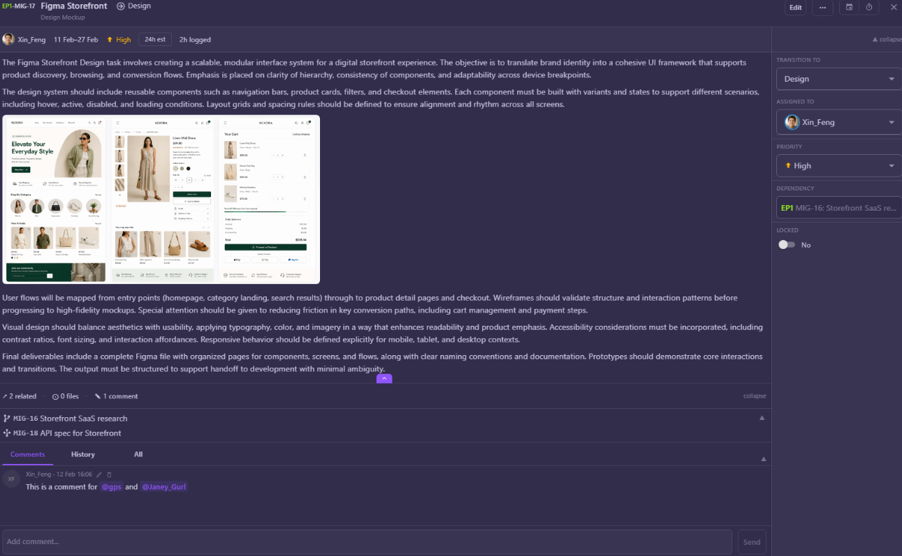 AbleTime task detail — description, mockups, comments, and sidebar controls